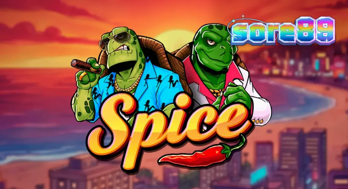 Tampilan visual slot Spice dengan tema kura-kura rebel dan estetika neon pantai